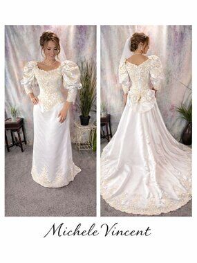 VTG π Pearl Embroidered Satin 80s Wedding Gown w/ Dramatic (Removable) Train